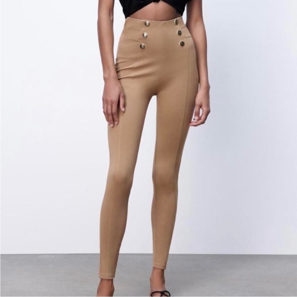Zara Tan High Waisted Ponte Knit Leggings Skinny Pants Size Small bin 2A